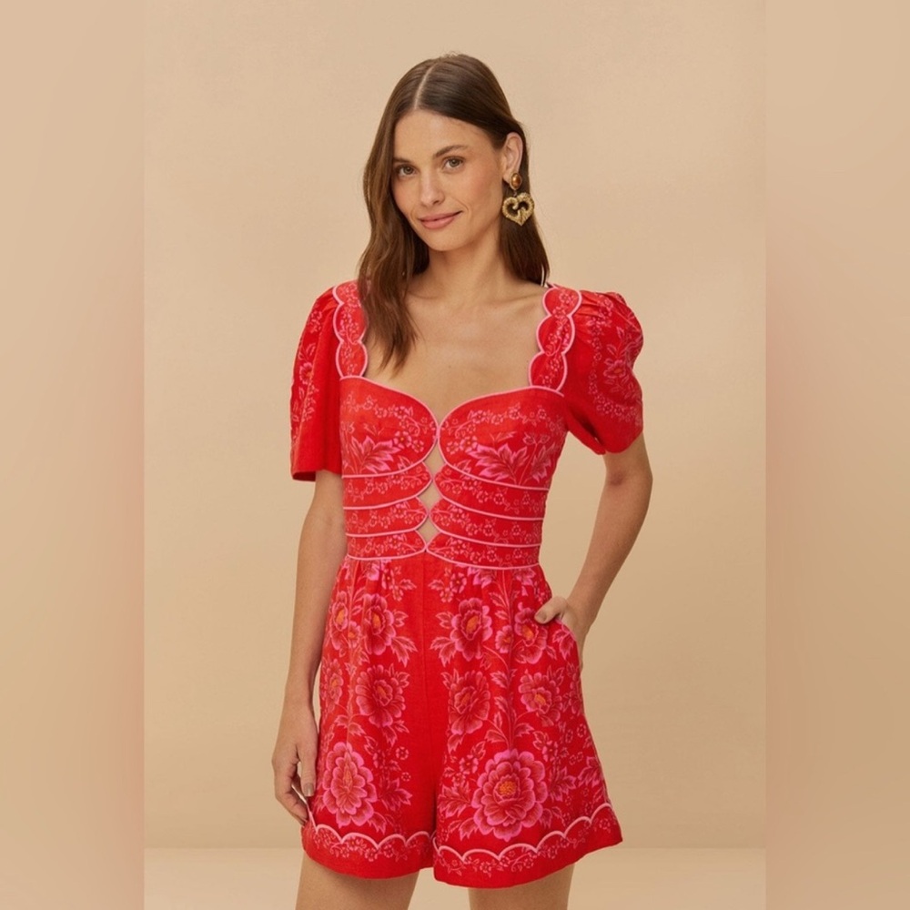 FARM Rio Red Floral Embroidered Puff-Sleeve Romper